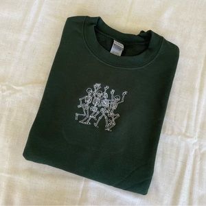 Green Halloween Dancing Skeletons Oversized Crewneck Embroidered Sweatshirt